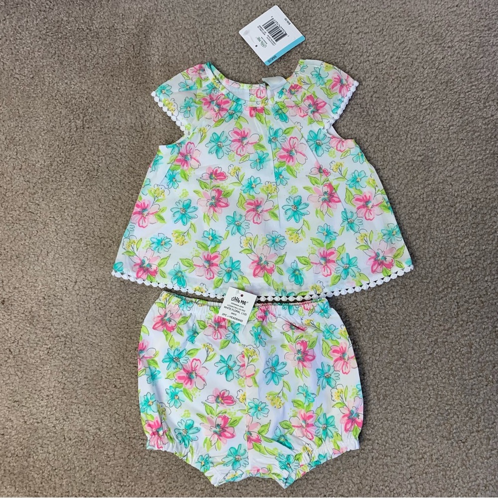 Little Me NWT Baby Girl Toddler Outfit 6 Months White Floral Shorts Top Headband